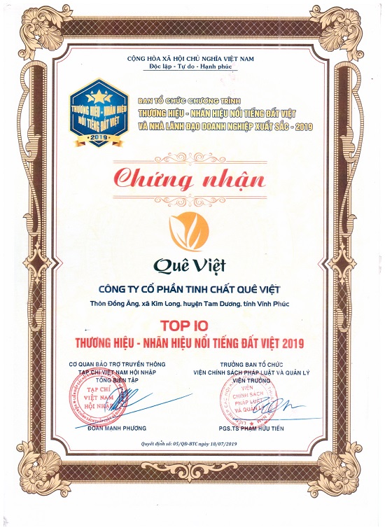 Quê Việt đạt danh hiệu Top 10 thương hiệu - nhãn hiệu nổi tiếng đất Việt 2019