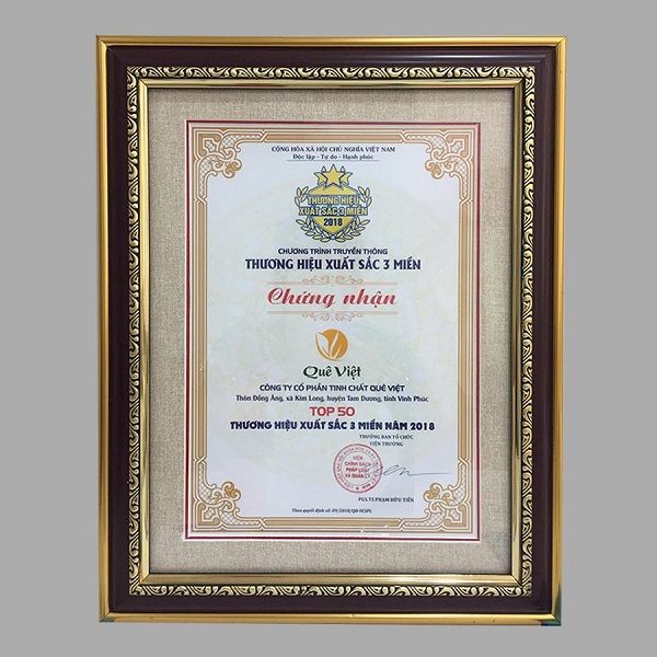 Các giải giải thưởng, chứng nhận danh giá của Công ty Cổ phần Tinh chất Quê Việt